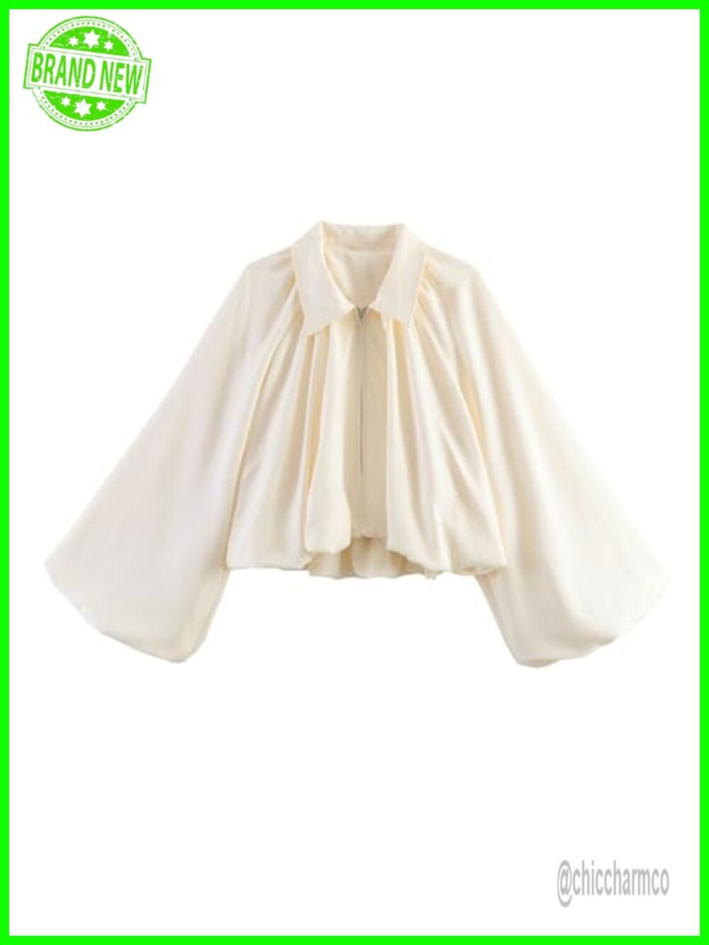 Puffed Sleeve Cropped Bomber Jacket Zip Up Pleated Loose Fit